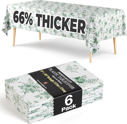 Exquisite 66% Thicker Floral Plastic Tablecloth Rectangle 54x108 Inch 6 Pack - Verdure Green Disposable Summer Table Cloth Tea Party Decorations - Vintage Table Cover Bridal Shower Wedding Spring
