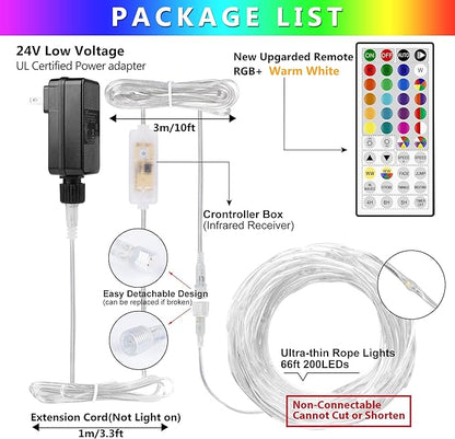 OMIKA 66FT Ultra-Thin LED Rope Lights for Outside, 24 RGB Colors +Warm White String Lights, 200 LED Permanent Outdoor Christmas Lights Waterproof Fairy Lights Plug in for Indoor Bedroom House Decor