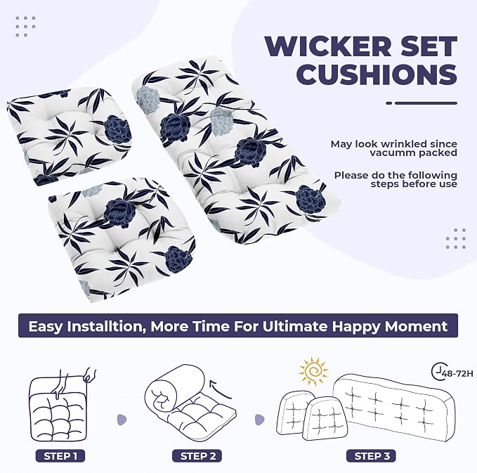 DANGHOOGY Wicker Chair Cushions, Waterproof Outdoor Loveseat Cushions for Patio Furniture, Tufted Wicker Furniture Cushions, 1 Loveseat and 2 U-Shaped Cushions (Blue Enchantress)