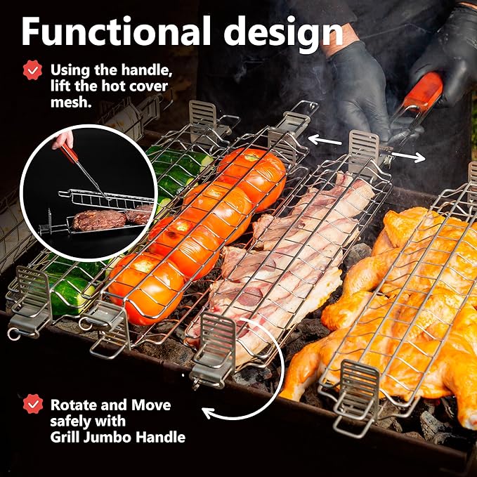 Set of 6 Grate Basket Adjustable Meshes for Grilling for Charcoal, Gas Grill, Tandoor BBQ, Smoker for Home, Outdoor, Restaurant (Stainless Steel, GRILL JUMBO PRO MAX - 6 Baskets)