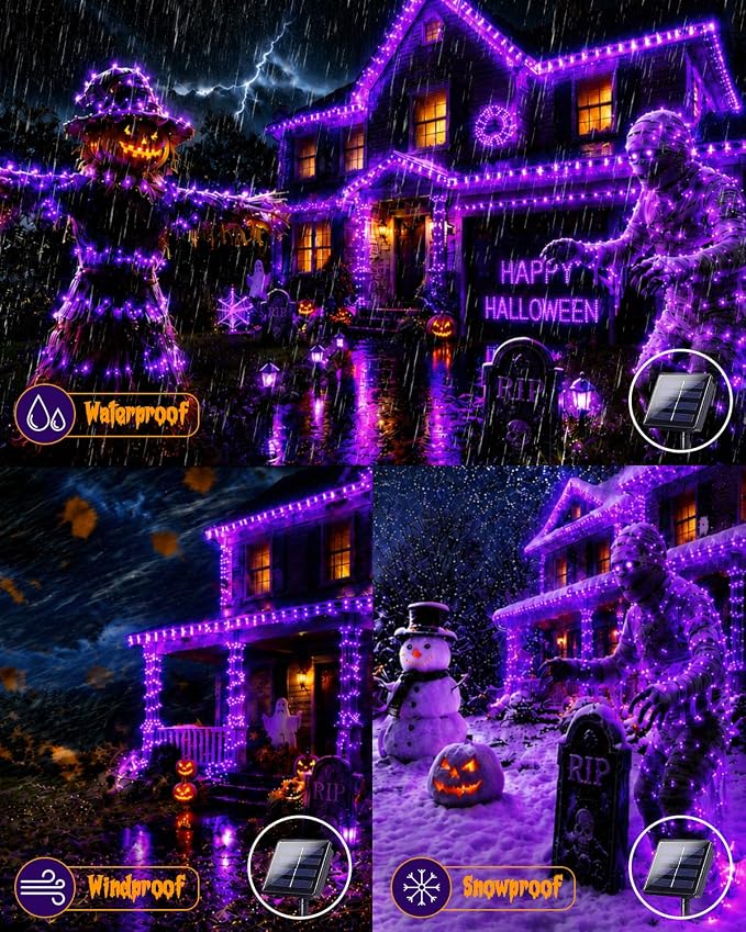 Solar Halloween String Lights Outdoor 2Pack 80FT 200LED Purple Fairy Lights | 8 lighting Modes, Auto On/Off, IP65 Waterproof, Copper Wire Twinkle Lights for Garden Tree Patio Halloween Decorations