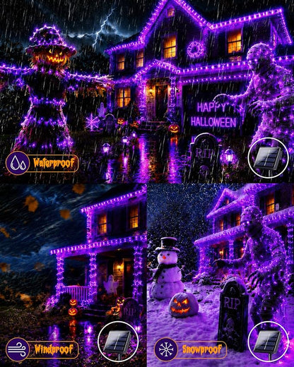 Solar Halloween String Lights Outdoor 2Pack 80FT 200LED Purple Fairy Lights | 8 lighting Modes, Auto On/Off, IP65 Waterproof, Copper Wire Twinkle Lights for Garden Tree Patio Halloween Decorations