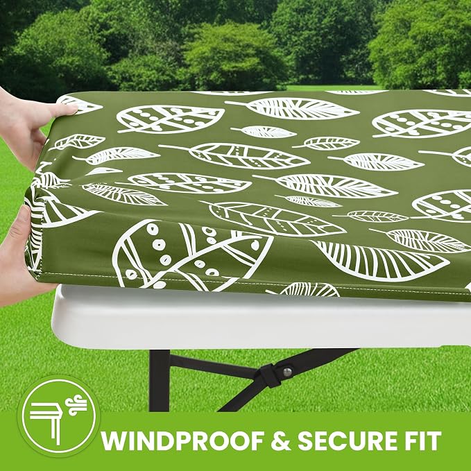Smiry Spandex Fitted Tablecloth for 8 Foot Rectangle Tables, Washable Picnic Table Cover with Elastic, Stretch Reusable Table Cloth for Outdoor, Camping, Dining & Kitchen (Line Leaf, 30"x96")