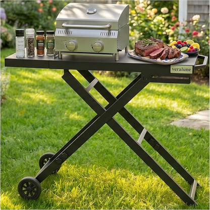veralune Foldable BBQ Grill Cart with Wheels, Portable and Durable Collapsible Outdoor Table for Gas Grills, Perfect for Camping, Tailgating, Picnics, and Outdoor Cooking