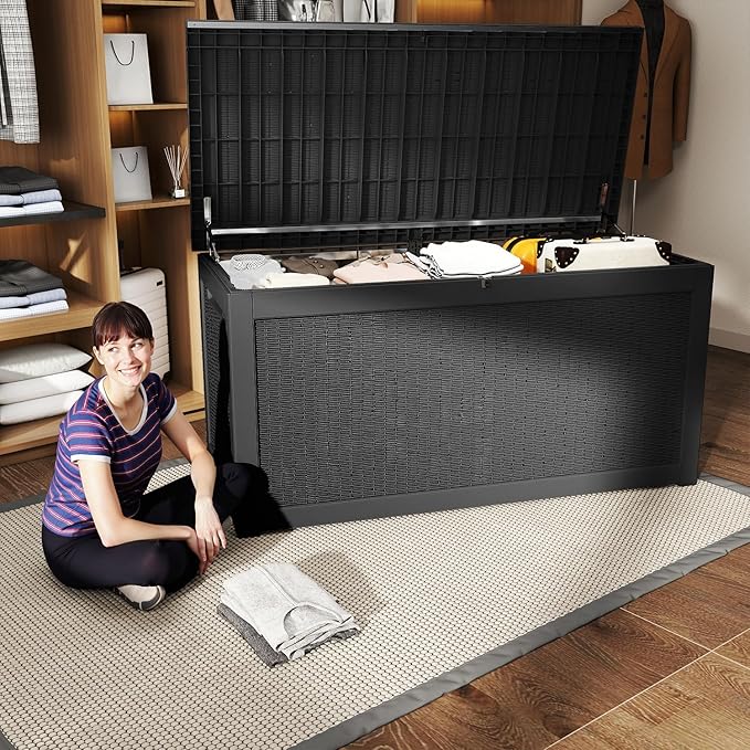 320 Gallon Large Outdoor Storage Box Waterproof, UV Resistant Resin Deck Box with Hydraulic Rod for Patio Furniture,Garden Tools,Cushions, Easy to Install（Black）