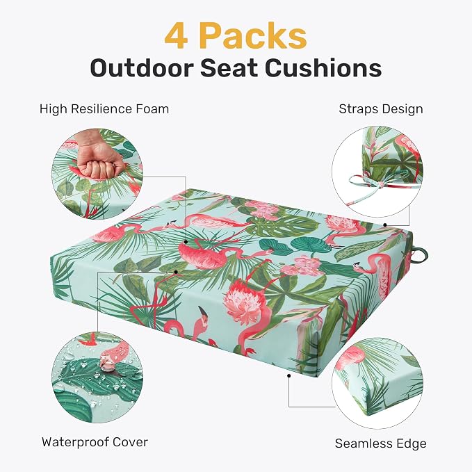 UNIKOME Outdoor Chair Cushions Pack of 4, Water Resistant Patio Cushions with Ties, High Density Sponge Filling Square Corner Seat Cushions for Outdoor Furniture, 18.5"*16"*3", Flamingos