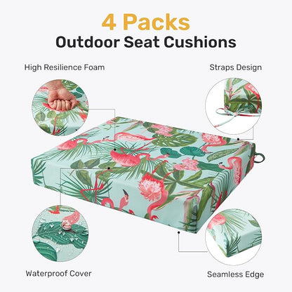 UNIKOME Outdoor Chair Cushions Pack of 4, Water Resistant Patio Cushions with Ties, High Density Sponge Filling Square Corner Seat Cushions for Outdoor Furniture, 18.5"*16"*3", Flamingos