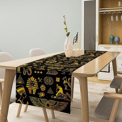 Ancient Egypt Table Runner Vintage Egyptian Culture Symbol Gold Black Dinner Runner Mysterious Egypt Tribal Ethnic Farmhouse Coffee Kitchen Dining Table Holiday Party Home Decor 13x60in