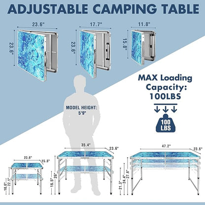 VILLEY Folding Camping Table 2FT, Portable Small Picnic Table with Adjustable Height, Lightweight Aluminum Foldable Table Small Folding Table with Carry Handle for Outdoor Indoor BBQ Hiking Beach
