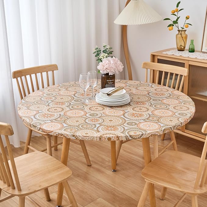 LIBERECOO Round Fitted Tablecloth with Elastic, Flannel Backed Vinyl Tablecloths for 40" - 44" Tables, Waterproof Wipeable Reusable Plastic Table Cloth for Indoor & Outdoor, Boho Sunburst Medallion