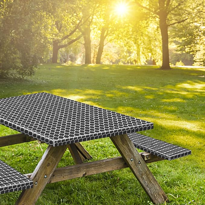 6ft 72in Picnic Table and Bench Cover, 3 Pack, Black-White Moroccan | Waterproof Windproof, Elastic Fitted Edges Tablecloth, for Rectangle Table & Seat, Camping Essentials RV Gear