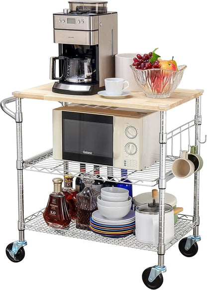 Finnhomy 3-Tier Rolling Kitchen Cart With 18" D x 30" W Oak Wood Tabletop, Kitchen Island With 4" Wheels and Slider Shelf, Microwave & Coffee Cart With Hooks for Dining Room, Chrome