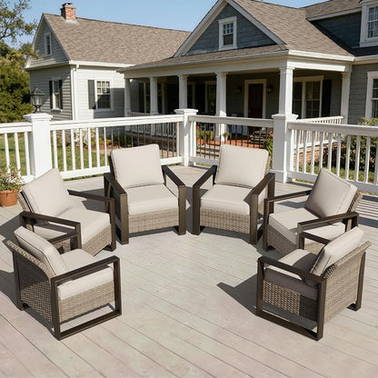 Joyside Outdoor Patio Chairs Set, 6 Pieces Wicker Rattan Chairs with Metal Wide Armrest, Thick Cushions and Deep Seating for Garden, Backyard, Porch, Deck