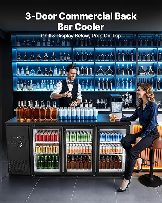 VEVOR Back Bar Cooler, 19.6 Cu. Ft Counter Height Beverage Refrigerator, Commercial Bar Display Fridge w/ 3 Glass Doors, LED Lighting, Fan Cooling Beer Wine Cooler for Pub, Merchandiser, Store