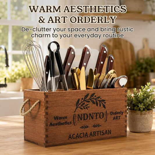 Large Farmhouse Acacia Wood Kitchen Utensil Holder with Knife Block | Kitchen Utensil Holder for Countertop with Cutting Board Storage & Rope Handles for Kitchen Counter, Island & Dining Room