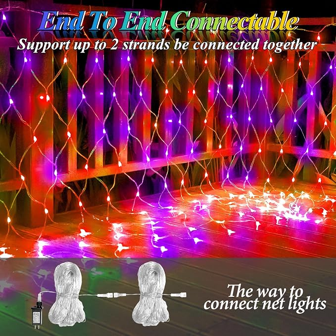 Lovelite 510LED Halloween Net Lights, 28ft x 5ft Outdoor Mesh Lights Purple Orange Clear Wire, 8 Modes & Timer, Waterproof Connectable String Lights for Bushes Xmas Tree Garden Holiday Party