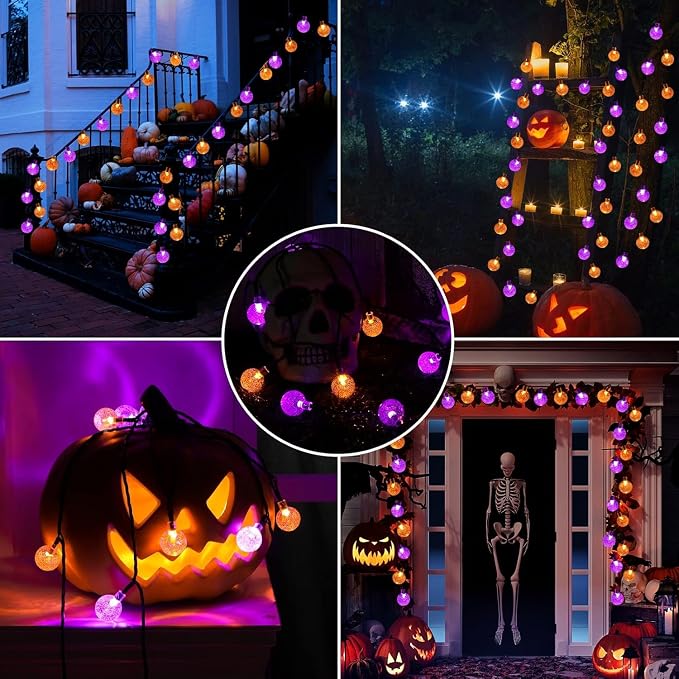 Joomer Orange Purple Halloween Solar String Light,65FT 100LED Globe Lights | with 8 Lighting Modes, Waterproof Auto On/Off Solar Powered Lights for Garden Yard Outdoor Halloween Decor