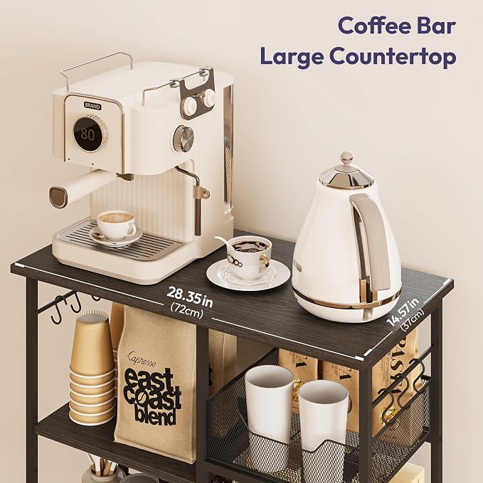SWTYMIKI Kitchen Island Cart on Wheels - 28.35x14.57in Rolling Kitchen Table Cart with Storage Shelves, 6 Removable Hooks& Locking Casters, Coffee Bar Cabinet for Dining Room Pantry Office, Black