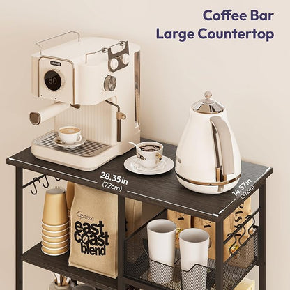 SWTYMIKI Kitchen Island Cart on Wheels - 28.35x14.57in Rolling Kitchen Table Cart with Storage Shelves, 6 Removable Hooks& Locking Casters, Coffee Bar Cabinet for Dining Room Pantry Office, Black