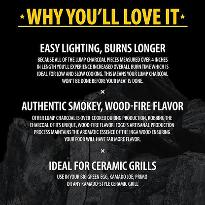 FOGO Premium Hardwood Lump Charcoal, Natural, Large Sized Lump Charcoal for Grilling and Smoking, Restaurant Quality, 35 Pound Bag, 2-Pack