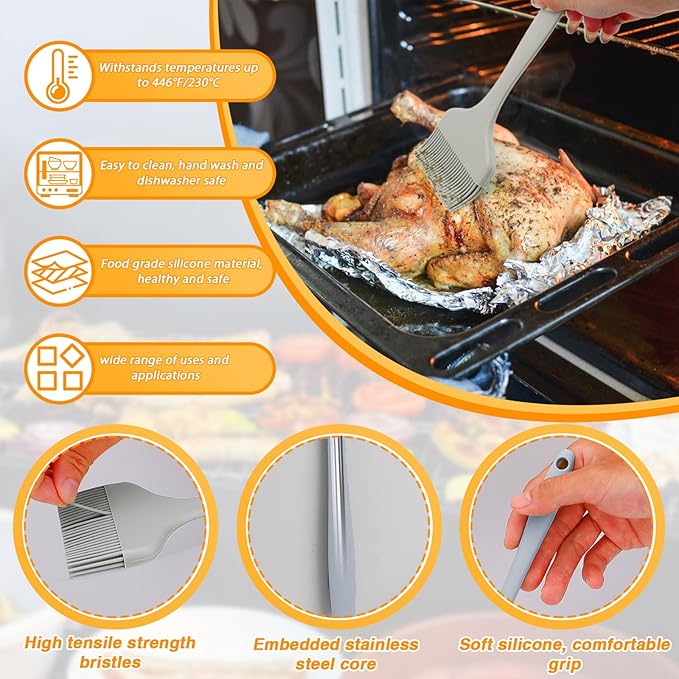 LELE LIFE 3 Sizes Silicone Basting Brush, Extra Large Heat Resistant Pastry Brush Spread Oil Butter Sauce Marinade for BBQ Grilling Baking Kitchen Food Cooking (Grey)