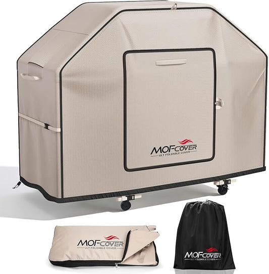 Exclusive Foldable 55 inch Grill Cover, 600D Heavy Duty Outdoor BBQ Cover for 3-4 Burners Grill, Waterproof Fade Resistant Barbecue Cover, Khaki