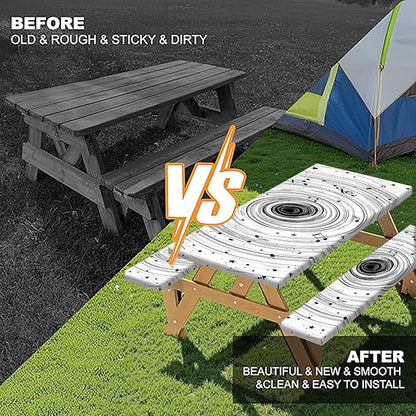 Picnic Table Cover with Bench Covers Camping Essentials Abstract Art Cosmic Vortex Pattern Waterproof Oilproof Fitted Camping Tablecloth Cover with Elastic Edge for Indoor Outdoor 3 PCS 30x96 Inch