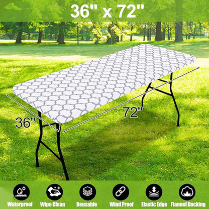 Smiry Picnic Fitted Table Cover, 6 Foot Flannel Backed Vinyl Tablecloth | Waterproof Elastic Stretch Table Cloth, Wipeable Plastic Tablecloth for Camping, Indoor & Outdoor (White, 36" x 72")