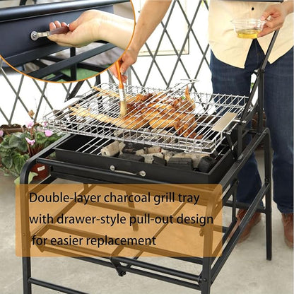360° Rotating Grill with Adjustable Charcoal Tray, Portable Charcoal Grill Featuring Large Stainless Steel Cooking Grate for Picnics, Camping, and Gatherings