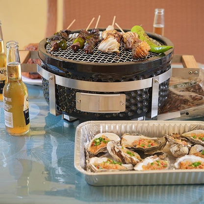 Yakitori Ceramic Charcoal Grill, Japanese Style Tabletop BBQ With Bamboo Heat Shield For Indoor/Outdoor, Round, DIA-14”