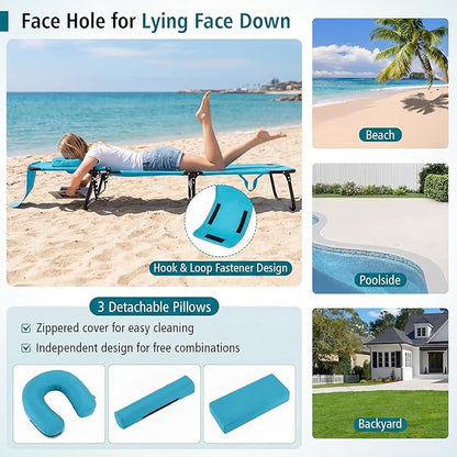 GYMAX Tanning Chair, Folding Lounge Chairs with Face Hole & Cover, Removable Pillow Carry Handle, Portable Compact Outdoor Layout Recliner for Beach, Poolside, Lawn, Patio, Camping (Turquoise,1)