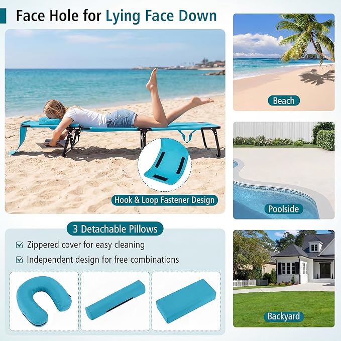 Goplus Tanning Chair, Folding Beach Lounge Chair with Face Hole, Removable Pillow, Carry Strap, Position Adjustable, Sunbathing Chair, Portable Outside Lounge Chair for Patio Pool