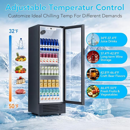 Electactic Commercial Beverage Refrigerator, 9 Cu. Ft. Drink Fridge, Display Refrigerator with Glass Door & 4 Adjustable Shelves,for Shops,Restaurants,Bars