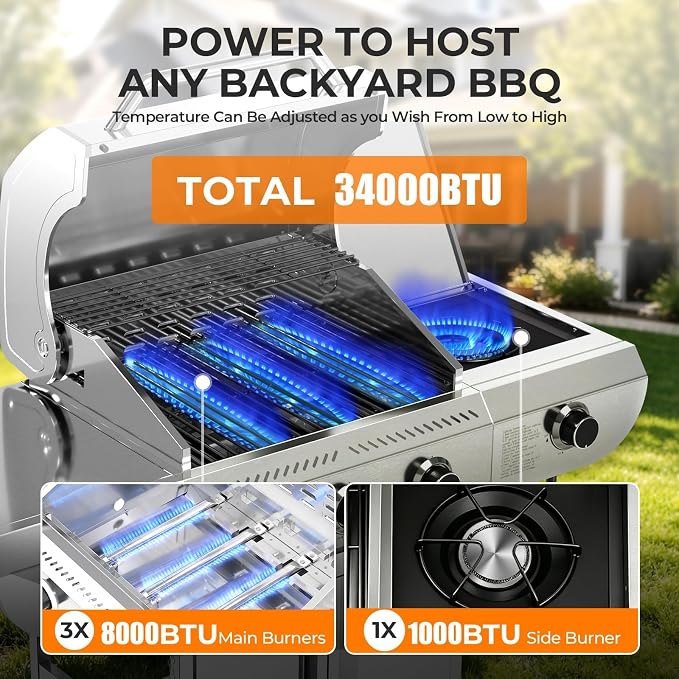 Kismile 3-Burner Propane Gas Grill with Side Burner, Stainless Steel 34,000 BTU BBQ Grill, Cast iron Griddle & Enamel Grates, Barbecue Grill for Outdoor Cooking, Backyard, Patio, Deck Camping