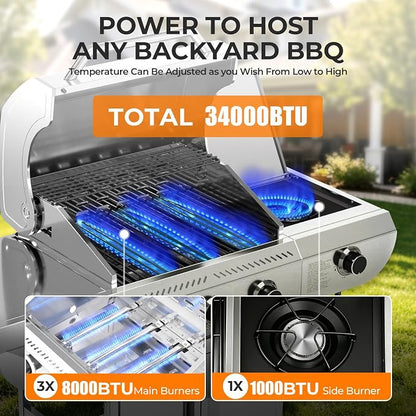 Kismile 3-Burner Propane Gas Grill with Side Burner, Stainless Steel 34,000 BTU BBQ Grill, Cast iron Griddle & Enamel Grates, Barbecue Grill for Outdoor Cooking, Backyard, Patio, Deck Camping