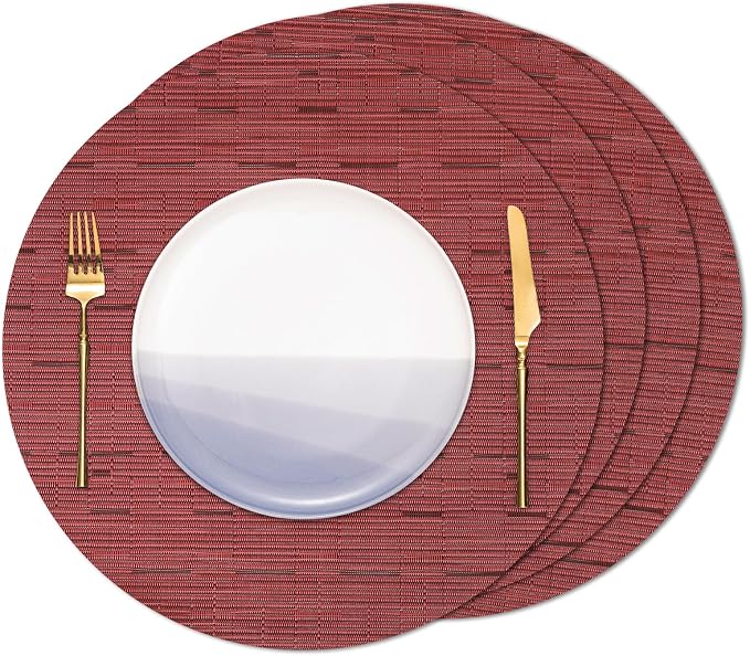 15 Inch Round Placemats Set of 4, Washable Vinyl Woven Place Mats | Heat Resistant Non-Slip Braided Table Mats for Dining Table Kitchen Indoor & Outdoor Use (Red, Set of 4)
