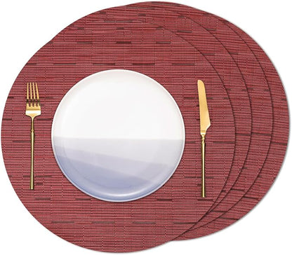 15 Inch Round Placemats Set of 4, Washable Vinyl Woven Place Mats | Heat Resistant Non-Slip Braided Table Mats for Dining Table Kitchen Indoor & Outdoor Use (Red, Set of 4)