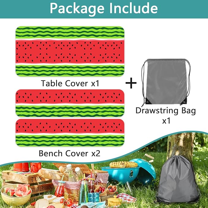 Watermelon Picnic Table Cover with Bench Covers and Bag | Camping Essentials Waterproof Fitted Tables and Seats Set Patio Outdoor Must Haves Stuff Tablecloth Rv Camper 3Pcs 30x60 Inch