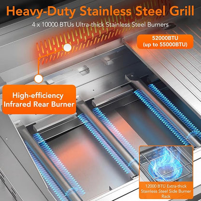 Electactic Heavy-duty Propane Gas Grill, SUS304 Stainless Steel 6-Burner BBQ Grill with 4 Main Burners, 1 Infrared Rear Burner, 1 Side Burner and LED Lights, High Performance Outdoor Grilling
