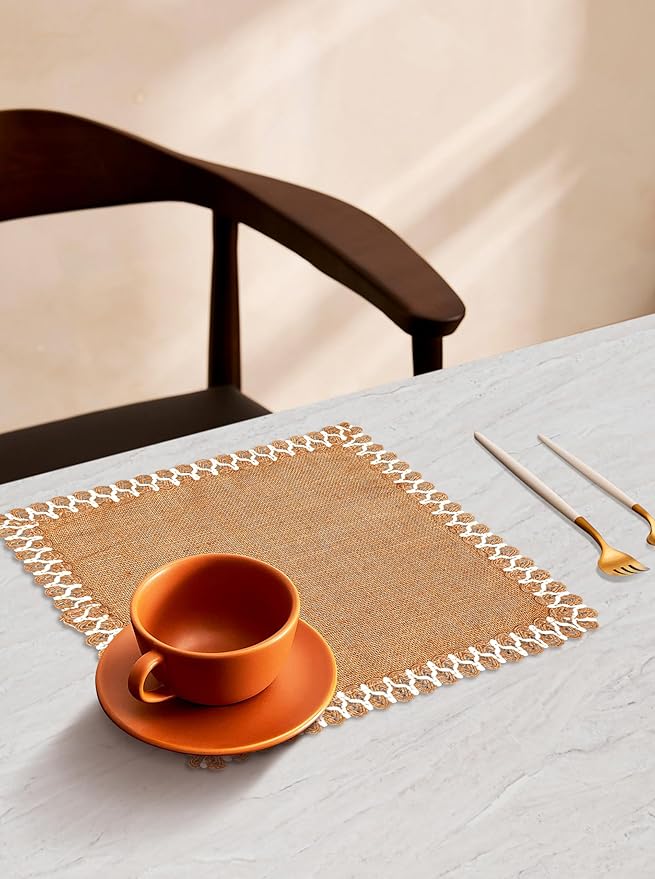 Hausattire Jute Burlap Placemat 13x19 Inches - Natural, Lace Design Edges Table Mats for Bar Table Indoor Outdoor Rustic Easter Farmhouse Kitchen Coffee Dinner Table Decor Mats - Set of 4