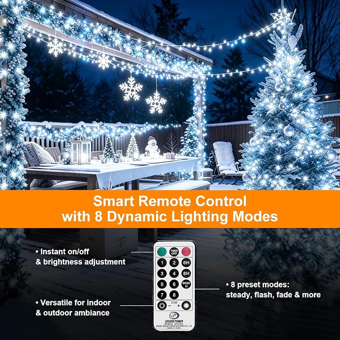 Outdoor String Lights 197ft 1000 LED Cool White Silver Copper Wire Fairy Lights with Remote Listed Plug-in Christmas Lights 8 Modes Low Voltage Twinkle Lights for Garden Patio Yard Tree Wedding Party