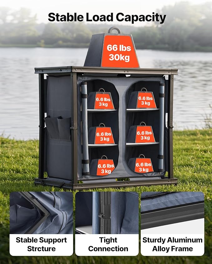 VEVOR Folding Camping Storage Cabinet, Outdoor Portable Aluminum Lightweight Table, Quick Set-up Compact Kitchen Cook Station, with 6 Shelves and Carry Bag, for Picnic, BBQ, Camping, RV Traveling