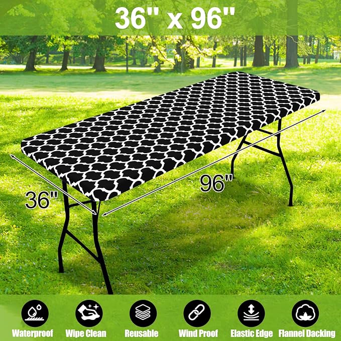 Smiry Picnic Fitted Table Cover, 8 Foot Flannel Backed Vinyl Tablecloth | Waterproof Elastic Stretch Table Cloth, Wipeable Plastic Tablecloth for Camping, Indoor & Outdoor (Black, 36" x 96")