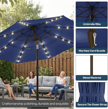 10ft 3-Tier Patio Umbrella with 32 Solar Powered LED Lights, Windproof Outdoor Market Umbrella for Deck, Poolside & Garden, Sturdy Push-Button Tilt Table Umbrella, Navy Blue