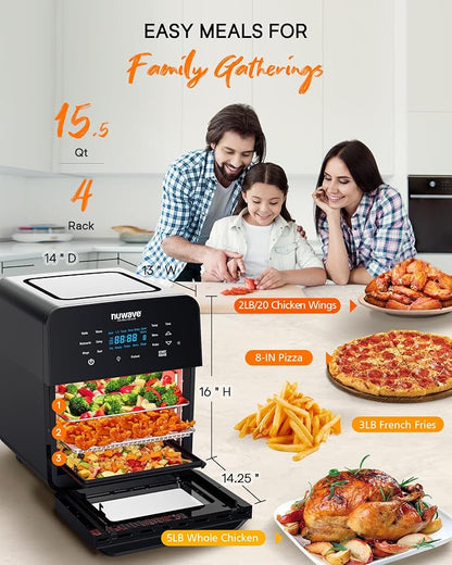 Nuwave Brio 15.5Qt Air Fryer Toaster Oven & Rotisserie Kit, Powerful 1800W | New Advanced Turbo Convection Tech, Healthy PFAS Free, Max Even & Crisp, 50-425°F, 150 Presets, Smart Probe, 4 Rack