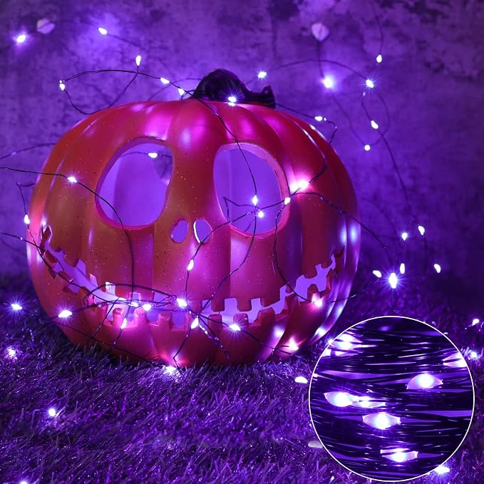 Joomer Purple Halloween Solar String Lights - 2 Pack Total 80FT 240LED | Solar Fairy Lights, Waterproof Outdoor Twinkle Lights with 8 Modes for Garden, Porch, Trees, Halloween Decor (Black Wire)