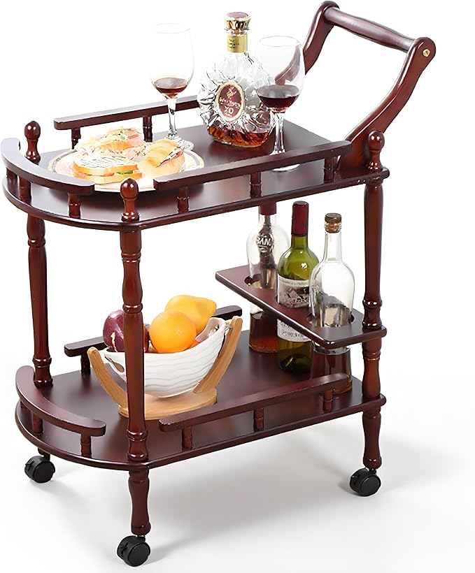 Entertainment Kitchen Cart, Midcentury Modern Imported rubberwood Brown Finished Wood 2-Tier Mobile Bar Cart Serving Cart