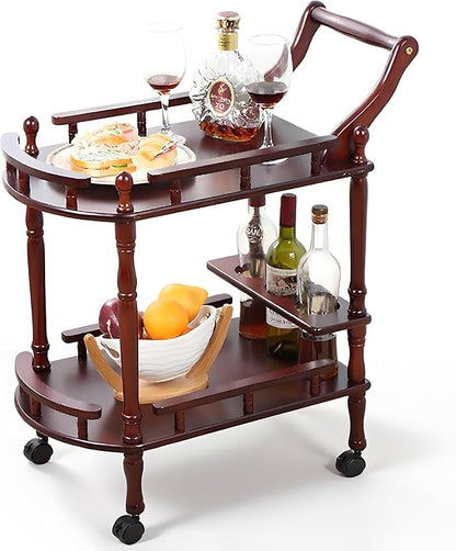 Entertainment Kitchen Cart, Midcentury Modern Imported rubberwood Brown Finished Wood 2-Tier Mobile Bar Cart Serving Cart
