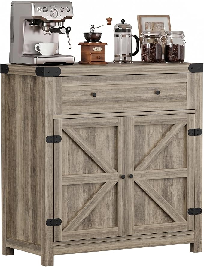 YESHOMY Kitchen Storage Cabinet, Coffee Bar Cabinet, Farmhouse Sideboard Buffet with Storage, Barn Door Accent Cabinet with a Drawer and Adjustable Shelf for Kitchen, Dining Room, Entryway, Oak, 1PCS