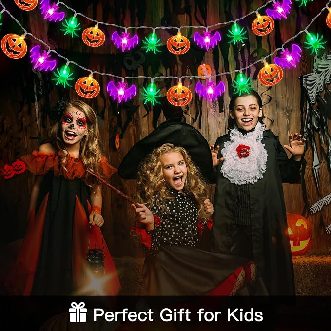 2 Pack Halloween Lights Outdoor Indoor Decorations Total 40FT 60 LED Pumpkin Bat Spider Halloween String Lights Battery Operated, 8 Modes Waterproof Cute Fairy Lights for Home Office Outside Decor